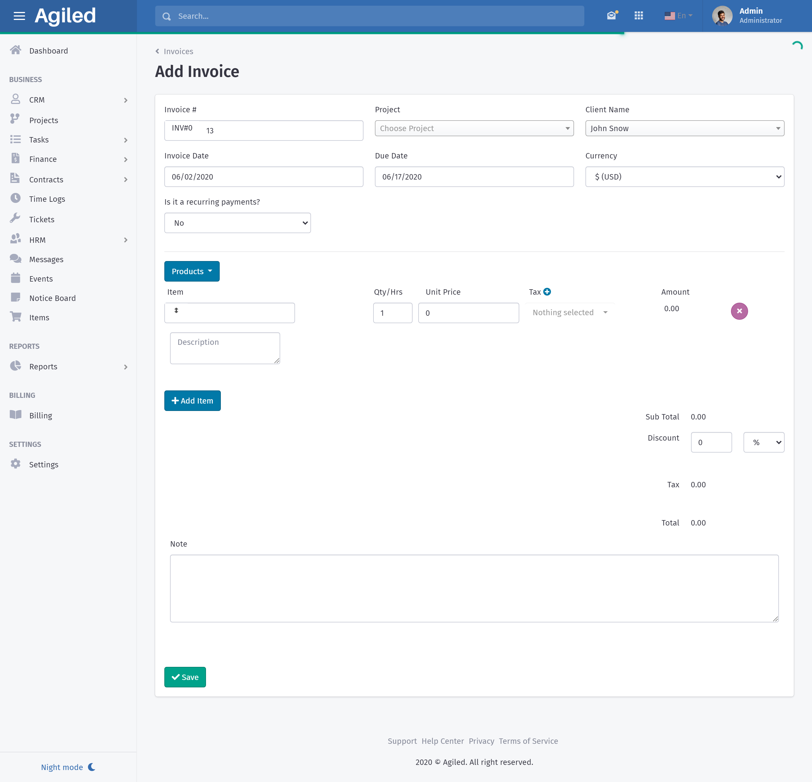 Adding an invoice in Agiled